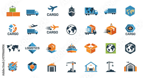 28 flat design icons related to shipping, logistics, and global transport