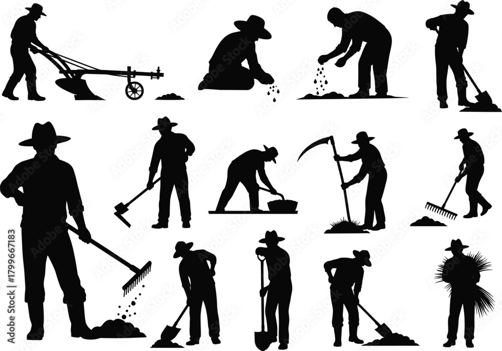 Obraz premium Silhouette farmers working in agricultural field with tools, planting seeds, harvesting crops, rural farming labor, farm worker vector illustration