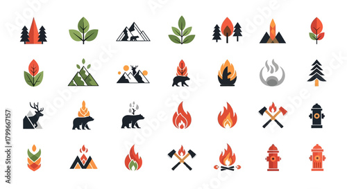 A grid of 28 pixel art icons featuring nature, wildlife, mountains, and fire elements