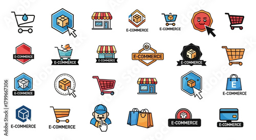 A grid of colorful e-commerce icons featuring carts, shops, packages, and payments