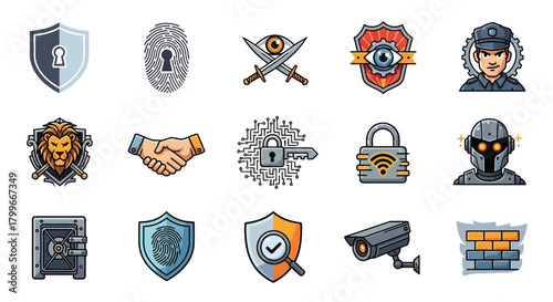 A grid of pixel art icons representing digital and physical security and protection