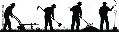 Silhouette farmers working on agricultural field with tools, traditional farming labor, rural countryside cultivation, farm workers plowing, digging, raking, harvesting illustration