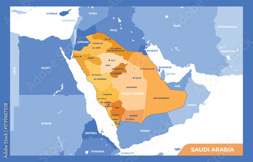 Detailed vector map of Saudi Arabia with regions and major cities perfect for geographic illustrations and infographics