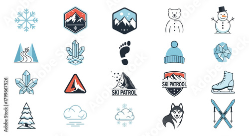 Collection of winter-themed vector illustrations, featuring snow, mountains, and winter sports
