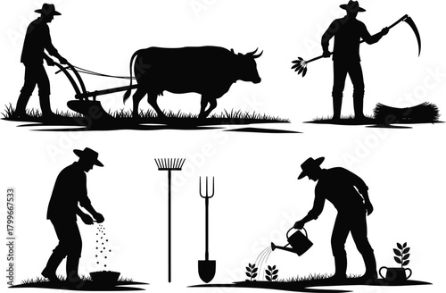 Silhouette farmers working with ox plow, harvesting, seeding and watering plants, traditional rural agriculture scene, farm tools and countryside lifestyle vector illustration