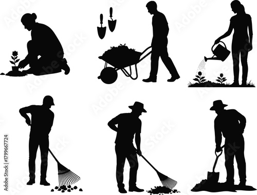 Silhouette gardening workers performing various outdoor tasks with tools, planting, watering, raking, and digging, perfect vector illustration for landscaping,