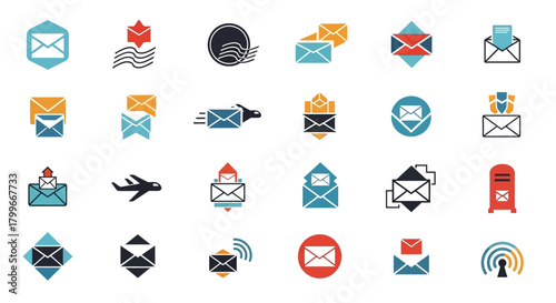 A grid of colorful email, mail, and communication icons on a white background