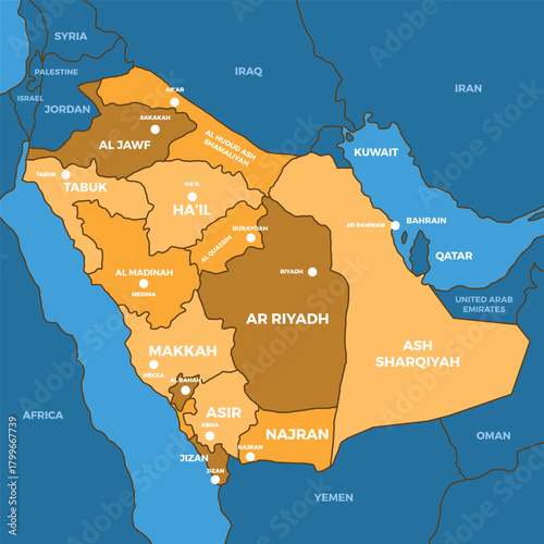 Detailed vector map of Saudi Arabia with regions a flat design illustration for geographical and political use isolated on a blue background