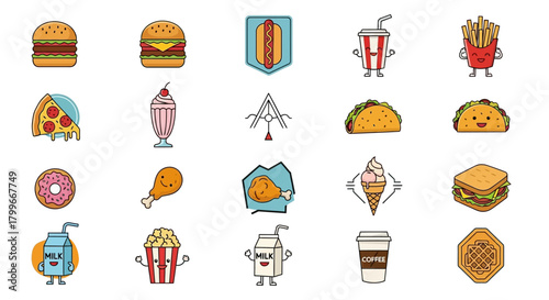 Cartoon illustrations of various fast foods including burgers, pizza, tacos, fries, and others