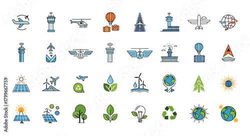 Grid of aviation, travel, and environmental sustainability icons on white