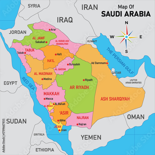 Detailed vector map of Saudi Arabia with regions a colorful illustration for geographic and educational purposes isolated on a white background