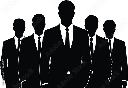 Silhouette group of confident businessmen wearing formal suits standing together, teamwork leadership success concept, corporate people vector illustration design background