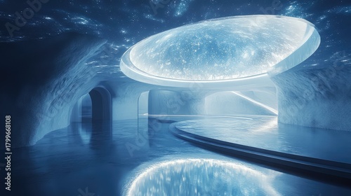 Fototapeta Naklejka Na Ścianę i Meble -  Futuristic ice cave design with glowing translucent ceiling