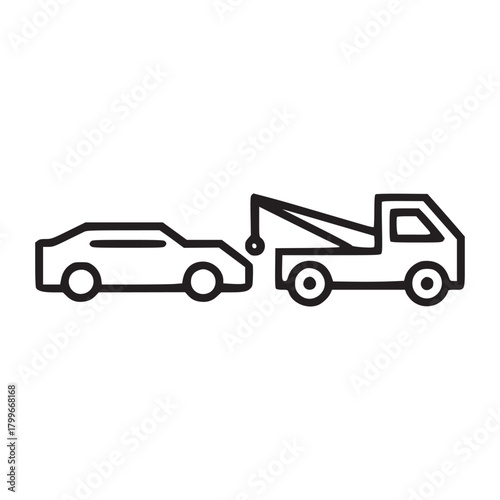 A minimalist line drawing of a car being towed by a tow truck on a white background illustration