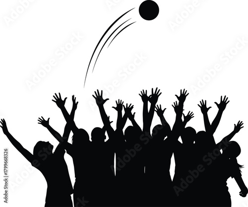 Silhouette group of people raising hands to catch a flying ball, teamwork unity concept, community cooperation, success and collaboration vector illustration