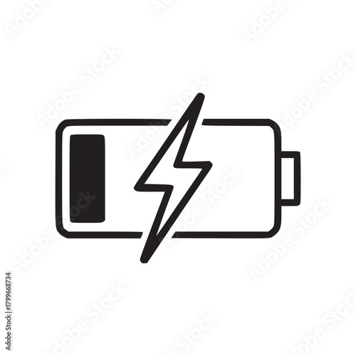 Illustration of a low battery icon with a lightning bolt on a white background in black and white