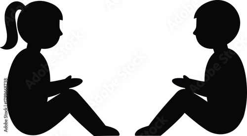 Silhouette illustration of boy and girl sitting face to face, communicating and learning together, vector design concept for education, friendship, childhood, conversation, teamwork