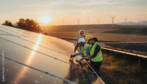 Engineers and technicians working on a large solar panel array at sunset, with wind turbines visible on the distant hill.