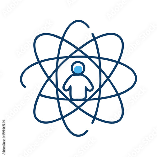 Atom symbol and child silhouette icon representing STEM education for children in educational resources and programs