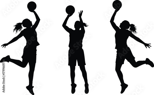 Silhouette of a female basketball player jumping to make a shot, action-packed athletic pose, dynamic sports illustration for basketball graphics and designs