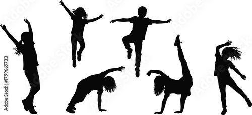 Silhouette of active children jumping and dancing in dynamic poses, joyful kids performing gymnastic movements and energetic dance actions on white background, vector illustration