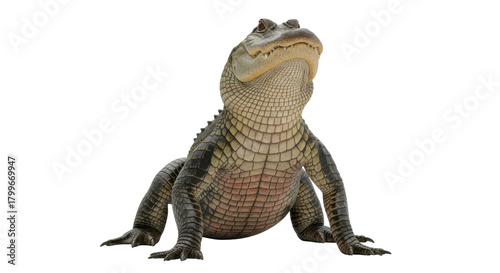 Isolated American alligator showing teeth, standing and looking up, full-body view