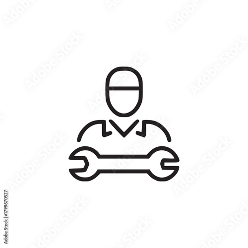 A simple line art illustration of a mechanic holding a wrench wearing a cap on a white background