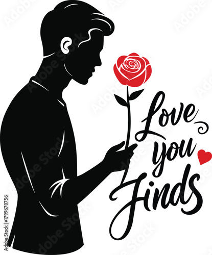 Man's silhouette holding a red rose with "love you jinds" text and heart, romantic vector art.