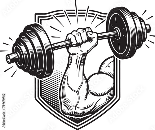 Strong muscular arm lifting heavy barbell weight inside shield emblem