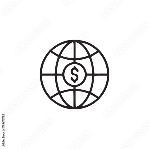 A simple black and white line drawing of a globe with a dollar sign in the center of the globe