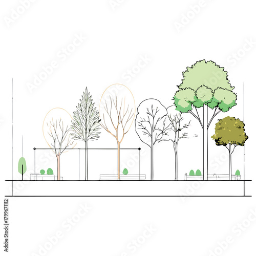 Minimal modern house elevation with flat roof, pastel pink walls, large glass doors, rooftop terrace, surrounding trees, human figures, and clean architectural line drawing style