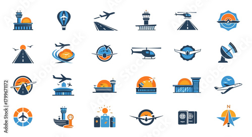 Grid of flat, minimalist travel and aviation icons including planes, airports, luggage