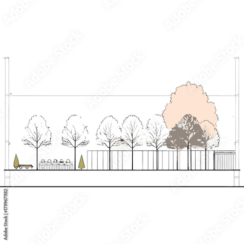 Minimal modern house elevation with flat roof, pastel pink walls, large glass doors, rooftop terrace, surrounding trees, human figures, and clean architectural line drawing style