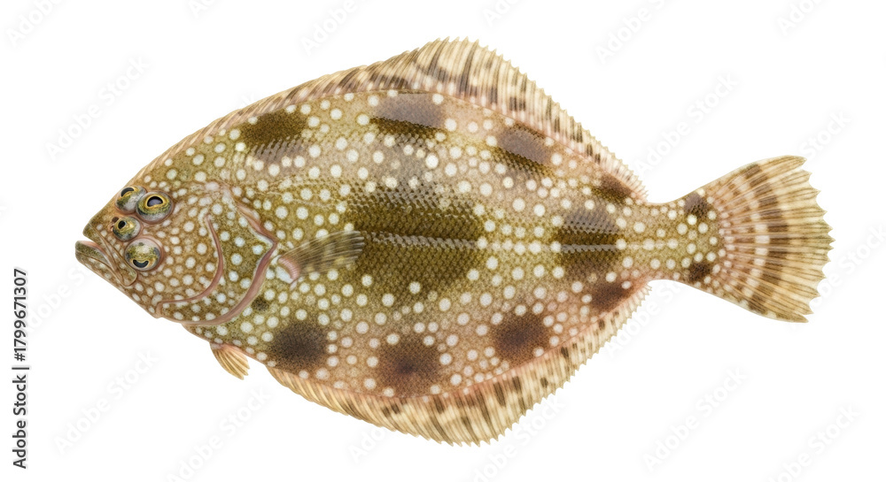Fototapeta premium Isolated speckled flatfish flounder halibut with both eyes on same side of its head