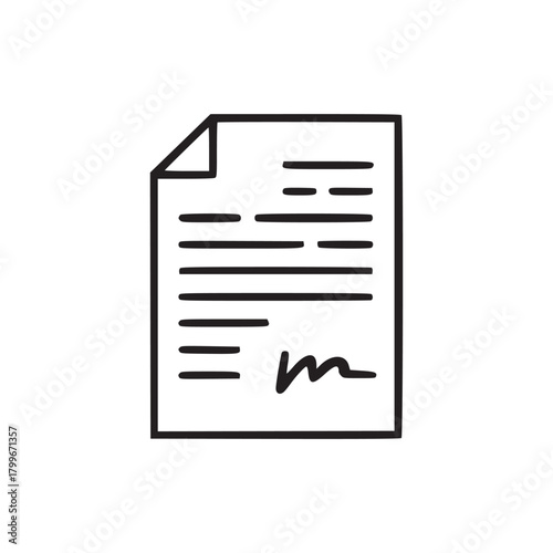 An illustration of a document with text lines and a signature on a white background plain design