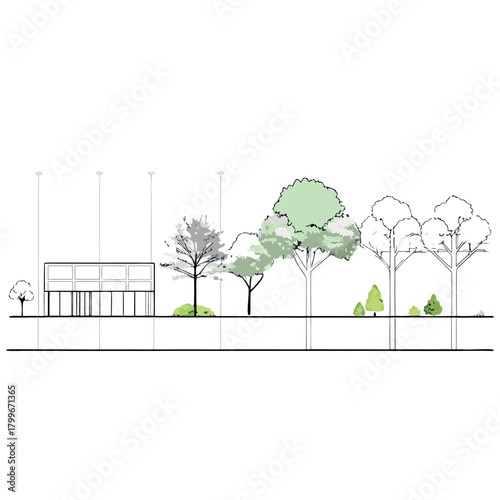 Minimal modern house elevation with flat roof, pastel pink walls, large glass doors, rooftop terrace, surrounding trees, human figures, and clean architectural line drawing style
