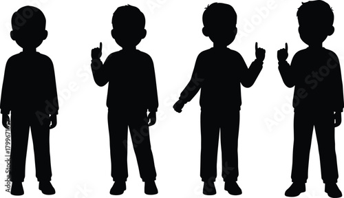 Silhouette of boys standing in different poses with raised hands and gestures, vector illustration of children communication, education, and body language concept