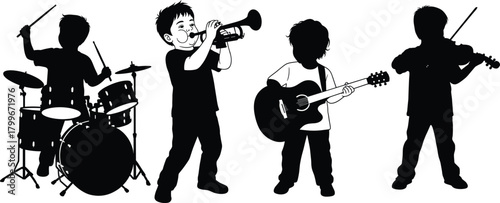 Silhouette of children playing musical instruments, kids band performance concept, young musicians with drums guitar violin trumpet, vector illustration of music education teamwork