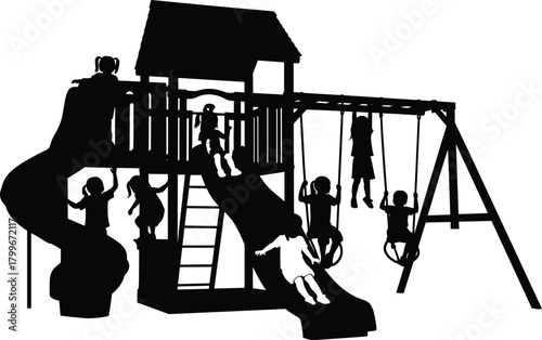 Silhouette of children playing on playground slide and swings, joyful kids outdoor activity in park, fun recreation vector illustration design for education
