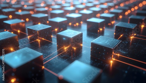 Futuristic data center concept showing glowing orange and blue interlinked metallic cubes in a dark, infinite grid