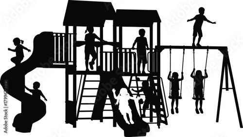 Silhouette of children playing on playground slides and swings, outdoor park activity with happy kids, fun childhood recreation vector illustration for education design