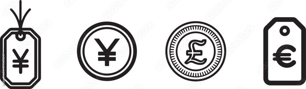 Fototapeta premium Yen and Euro currency Coin and Price Tag. Silhouette vector illustration