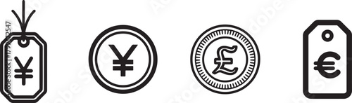 Yen and Euro currency Coin and Price Tag. Silhouette vector illustration