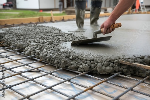 Wet concrete being smoothed with trowel smoothing construction
