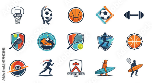 A collection of sports-themed logos featuring various equipment, athletes, and related imagery