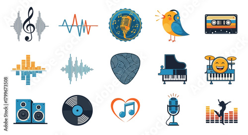 Grid of flat-style icons illustrating diverse music, sound, and audio concepts