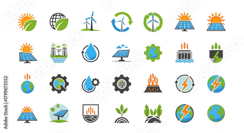 A grid of colorful flat icons depicting various concepts of renewable energy and nature
