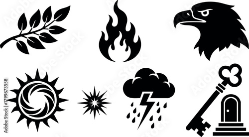 Set of black silhouette icons including eagle head, fire flame, key, sun, thunderstorm, leaf, and alarm bell vector collection