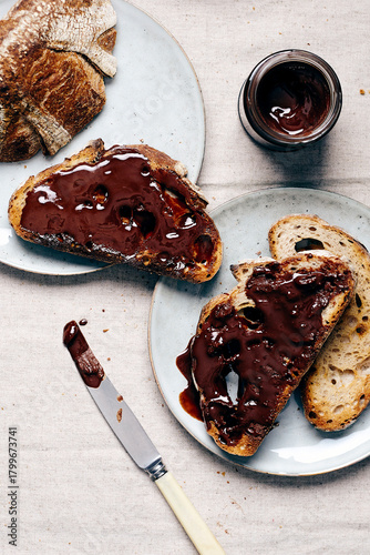 Toasted Sourdough with Melted Chocolate Spread on Plates