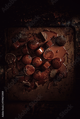 Melted Dark Chocolate Truffles and Broken Pieces on Rustic Surface